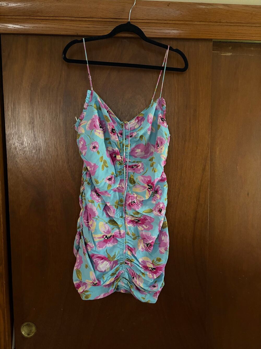Zara Floral Ruched Bodycon Mini Dress Blue Pink Spaghetti Strap XXL New